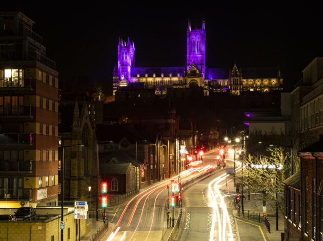 Lincoln Cathedral lit up purple during the census