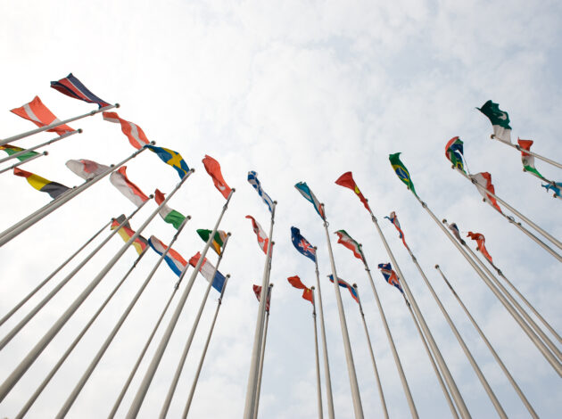 An image of a semi circle of flag poles with various country flags from around the world