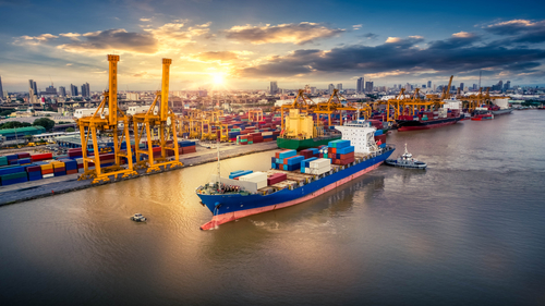 A container ship docked in a port