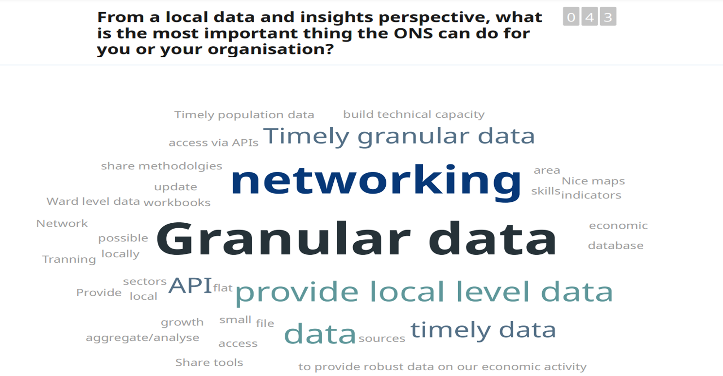 Word cloud of what conference attendees think ONS can help them with. Networking and granular data are featured prominently 