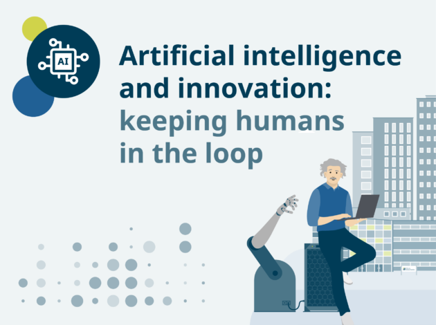 Animated picture with the title of the webinar: "Artificial Intelligence and innovation: Keeping humans in the loop"