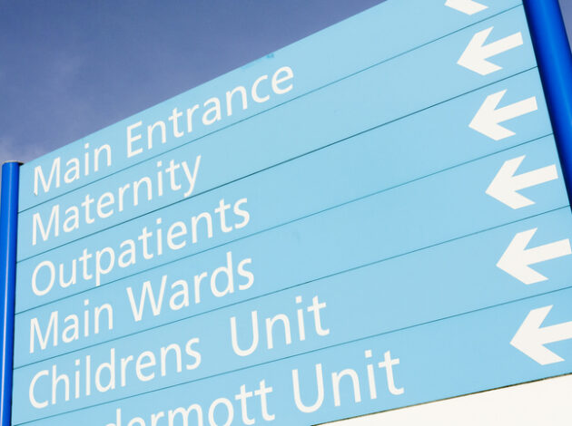 Hospital sign for Maternity, Outpatients, wards and children's unit
